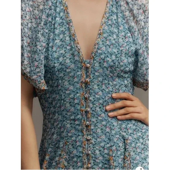 Maeve Anthropologie Floral V-Neck Button Front Maxi Dress Blue Multi Size 12 NWT - Picture 3 of 8